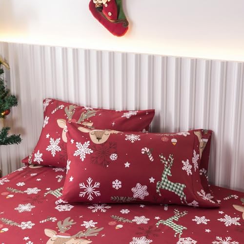 KACEMOO Queen Size Christmas Sheet Set, 4Pcs Red Deer Sheet Set, Deep Pocket Winter Warm Bed Sheet Set, Soft Brushed Microfiber Pattern Holiday Bedding Sheets