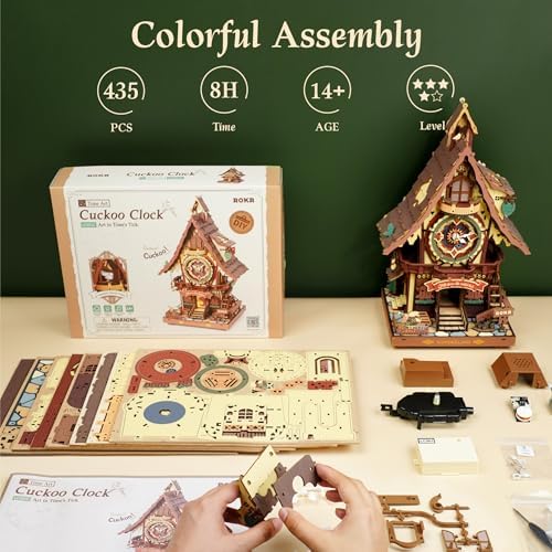 ROKR 3D Wooden Puzzles for Adults, Cuckoo Clock Model Kit, Room Home Decor DIY Watch Making Kit Functional Mechanical Building Toys, Hobbies Birthday Christmas Day Gifts for Men Women 14+