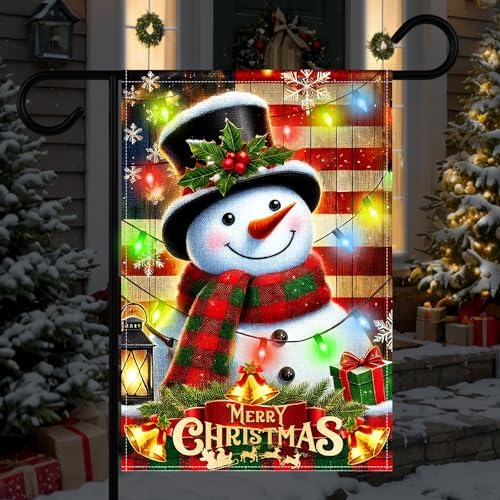 12 x 18 Inches Lighted Snowman Garden Flag Decorations - Double-Sided Vertical Christmas Holiday Yard Flag Sign with LED Lights, Indoor Outdoor House Patio Décor Party Supplies