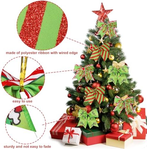 12 Pcs Red Green Christmas Bows,6 Inch Large Wreaths Bows for Tree Gift Wrapping Garland,Christmas Decoration Holiday Party Crafts Xmas Tree Ribbon Ornaments (Pattern)