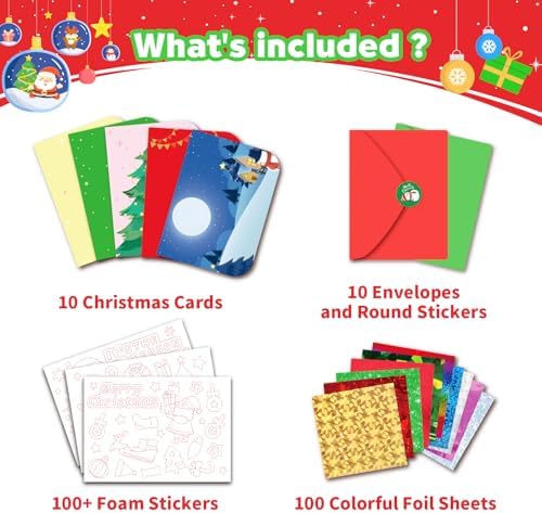 ZMLM Foil Art Kit for Kids - Christmas Crafts Games for Kids, Fun Christmas Cards Foil Art Crafts, Mess Free Activity Kits, with Envelopes and Stickers, 4 5 6 7 8 9 10 11 12 Girls Boys Toys Gifts