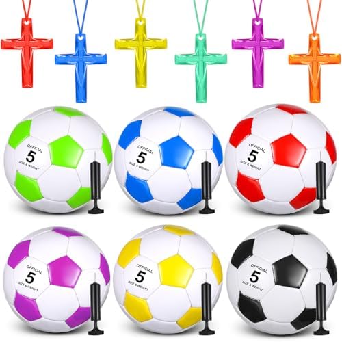 Hiboom 6 Pcs Christmas Deflated Soccer Ball Bulk with Pumps & Cross Necklace Size 3, 4, 5 Outside Sport Training Machine Stitched Ball Operation Christmas Bulk Items for Christian Charity Gift