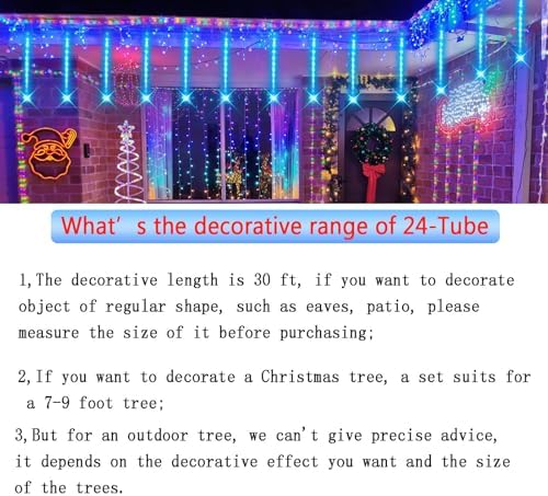 Outdoor Christmas Decorations, 24Tubes Meteor Shower Lights (Equal to 3 Sets of 8-Tubes) Ice Blue LED Icicle Christmas Lights for Halloween Xmas Decorations Tree Party Yard Outdoor