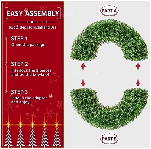 Yaheetech 48in Large Artificial Christmas Wreath, Pre-lit Holiday Accent Decoration with Red Bow, 200 LED Lights & 720 PVC Tips, Metal Structure for Door Wall & Mantel