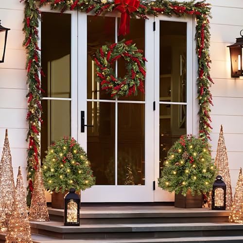 2 Pack Lighted Artificial Christmas Urn Filler 23 Inch, Battery Operated Pre-lit Mini Xmas Trees, Tripod Stake and LED Lights Christmas Porch Decorations