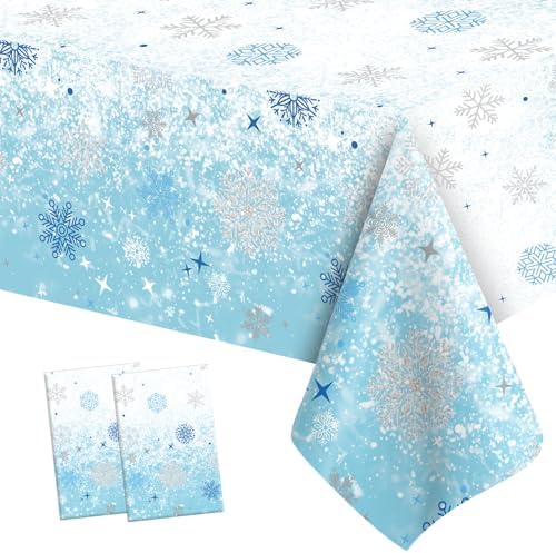 2 PCS Blue White Plastic Snowflake Tablecloth(54x108 Inch) Frozen Birthday Winter Wonderland Decorations Disposable Table Cover Tablecloths for Christmas Holiday New Year Party Favors Supplies Decor