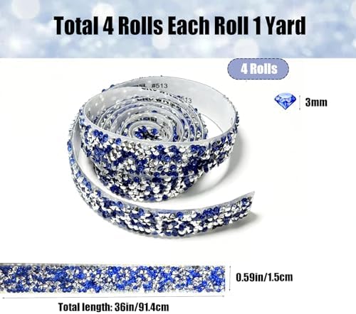 ZMD 4Rolls Self Adhesive AB Crystal Rhinestone Strips, Resin Rhinestones Ribbon Diamond Sticker Glitter Bling Ribbons for Wedding Birthday Christmas Party DIY Crafts Car Decor (Dark Blue)
