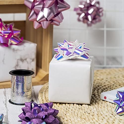 WRAPAHOLIC 14 Pcs Gift Bows Assortment - 12 Multi Colored Assorted Size Gift Bows (Purple, Pink, White, Rose Gold, Silver) and 2 Crimped Curling Ribbons, Perfect for Christmas, Holiday, Party