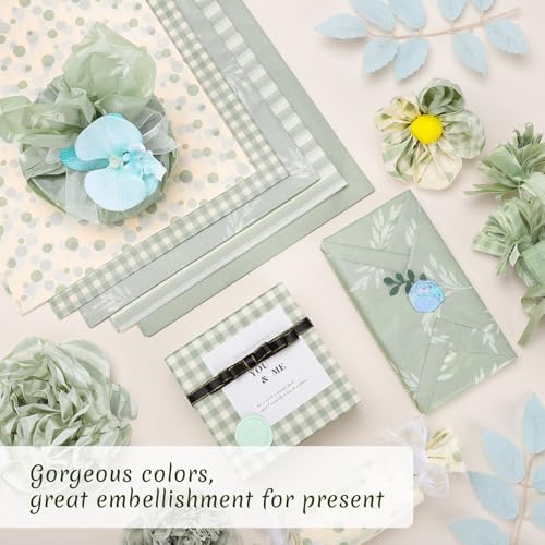 120 Sheets Green Tissue Paper for Gift Bags, Sage Green Botanical Stripe Dot Gift Wrapping Paper Bulk for Wedding Baby Shower Birthday Party Christmas DIY Crafts Packaging, 14 x 20 Inch