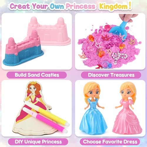 Princess Unicorn Sensory Bin Sandbox for Girl Kid Toys, 2lbs Color Sensory Sand & 6 Castle Molds & Play Kits, Sand Box Toys for Kids Girls Toddlers 3 4 5 6 7 8 Christmas Birthday Gift