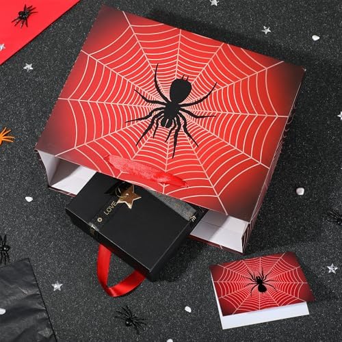 Yomaiha Spider Birthday Gift Bag Spider Party Paper Bags with Handles Tissue Paper and Card Red Black Webs Wrapping Bag Red Blue Party Decorations for Boys Men Birthday Christmas Supplies