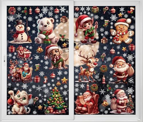 12 Sheets 171 Pcs Big Size Christmas Window Clings - Santa, Reindeer, Dog & Cat Window Stickers & Decals for Home, School, Office & Party Supplies