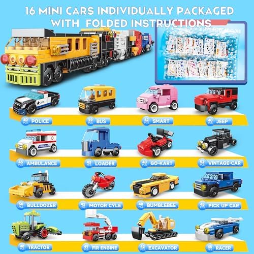 16 Pack Building Blocks Party Favors for Kids, 2 in 1 710pcs Creative Building Kits Mini City Vehicles include Police Car & Train, Christmas Toy Gifts Goodie Bag Fillers Stuffers for Boys Girls Kids