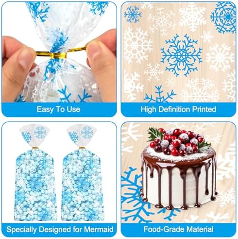 100 Pcs Winter Snowflake Treat Bags - Christmas Gift Bags, Blue White Plastic Snowflakes Cello Candy Goodie Cookie Snack Cellophane Bag with Twist Ties for Xmas Holiday Winter Wonderland Party Favors