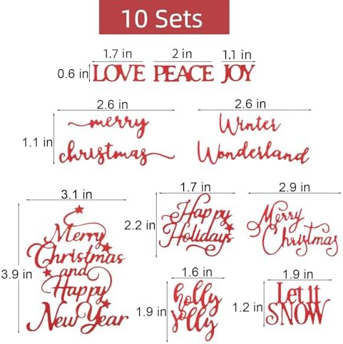 10sets Christmas Words Die Cuts for Card Making Merry Christmas Greetings Happy Holidays Love Peace Joy Let It Snow Winter Wonderland Assortment Cutting Dies for Scrapbooking Paper Craft