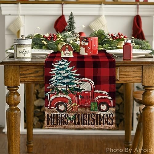 Artoid Mode Red and Black Buffalo Plaid Merry Christmas Tree Table Runner, Seasonal Truck Gifts Kitchen Dining Table Decoration for Outdoor Home Party 13x72 Inch