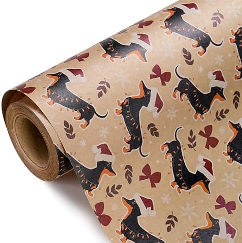 WRAPAHOLIC Kraft Dog Christmas Wrapping Paper - Mini Roll - 17 Inch x 16.5 Feet - Dachshund Dog and Red Bow Wrapping Paper for Christmas, Holiday, Party Celebration