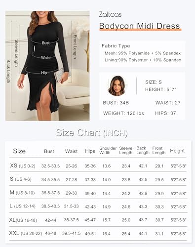 Zattcas Women's 2025 Spring Summer Sexy Ruched Bodycon Midi Dress Mesh Long Sleeve Ruffle Hem Cocktail Wedding Party Dress
