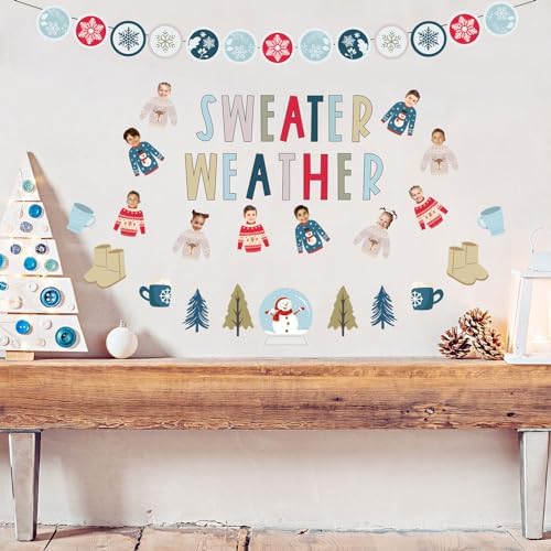 Whaline 85Pcs Winter Bulletin Board Decoration Kit Xmas Tree Snowmen Snowflake Cutouts with Glue Point Christmas Holiday Classroom Bulletin Border Stickers for Home School Office Wall Door Decor