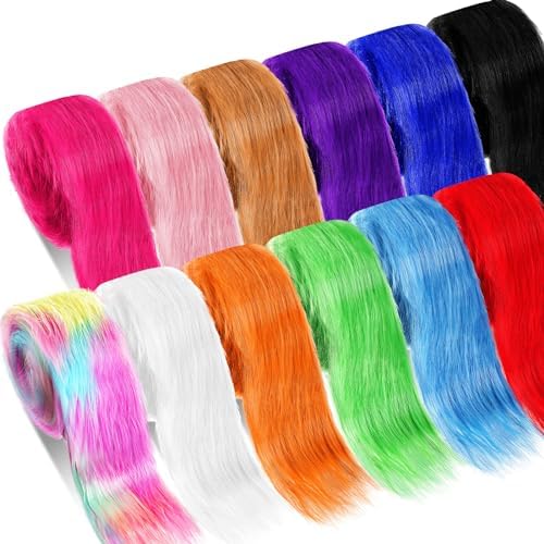 XunYee 12 Pcs Shaggy Plush Faux Fur Fabric Craft Fur Precut Strips Fake Ribbon for Christmas Winter DIY Cosplay Costume Gnomes Beard Santa Claus Hair Dwarf, 12 Colors(2 x 60 Inch)