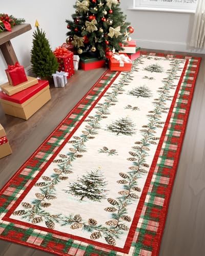 GarveeHome Checkered Christmas Kitchen Runner Rug Red 2x8 Runners for Hallways Non Slip, Washable Christmas Tree Print Floor Runner Rugs Stain Resistant Low-Pile Long Carpet for Entryway Bedroom