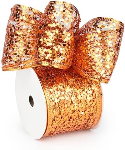 MAYREEL 2.5 Inch Orange Mesh Wired Halloween Ribbon Metallic Sequin Glitter Web for Christmas Tree Gift Wrapping Crafts Topper Bows Wreaths Holiday Decor Garland 10 Yards