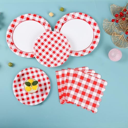 150Pcs Gingham Party Supplies Red Gingham Paper Plates and Napkins Red Plaid Party Plates Disposable Red and White Checkered Plates for Christmas Birthday Family Picnic，Serves 50