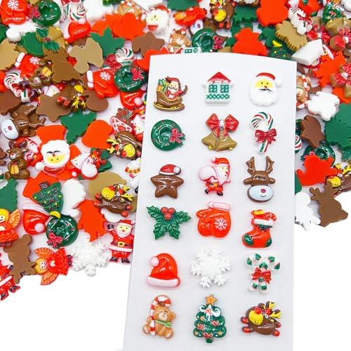 FULUSODO 100pcs Christmas Embellishments Cute Set, Flat Back Bulk Mixed Resin Ornament Scrapbooking Set