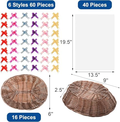 Yesland 16 Pcs Plastic Oval Basket for Gifts Empty, Small Bread Basket Food Storage Baskets with Clear Gift Bags and Colorful Pull Bows, 9 X 6 X 2.5 Inches Bin for Kitchen Restaurant Christmas