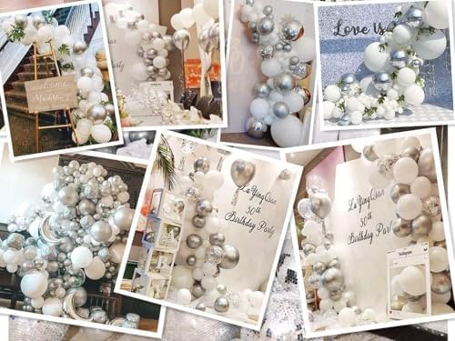 White and Silver Balloons Garland Arch Kit 5"10 Inch 12" White Silver Metallic Confetti Latex Balloons Arch Set for Christmas Winter Wonderland Birthday Baby Shower Wedding Party Winter Decor