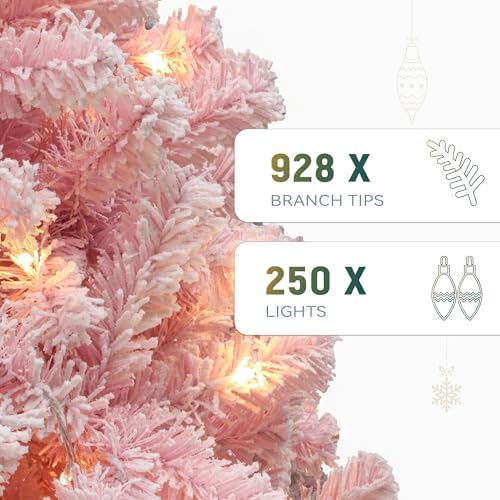 YITAHOME 6 FT Prelit Pink Flocked Christmas Tree, Pre-Lit Pink Spruce Artificial Christmas Tree with 928 PVC Flocked Tips and 250 Warm-White Lights for Home, Office Decoration