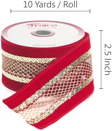 2.5" Red Velvet Gold Mesh Wired Ribbon 10Yards for Christmas Wedding Wreath Gift Wrapping Home Décor DIY