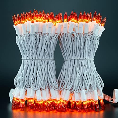 YULETIME 200 Orange Christmas Lights, Pack of 2 Sets 33 Feet 100 Count UL Certified Incandescent String Lights (Orange - White Wire)