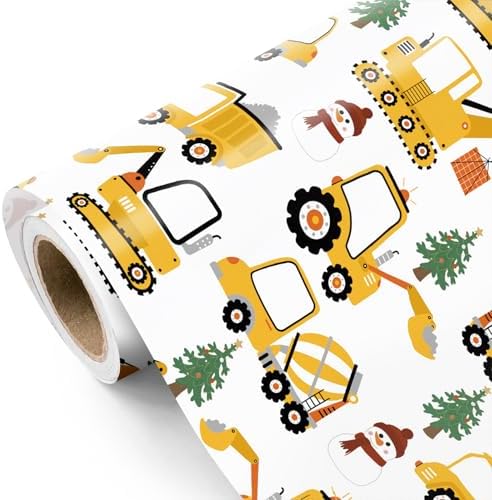 WRAPAHOLIC Cars Christmas Wrapping Paper - Mini Roll - 17 Inch x 16.5 Feet - Yellow Digger Construction Wrapping Paper for Christmas Holiday, Party Celebration