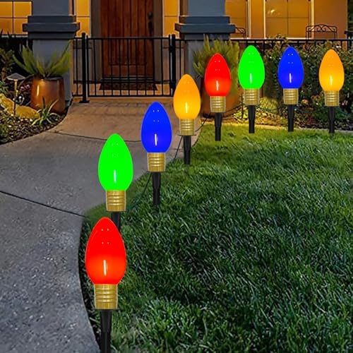 C9 Christmas Pathway Lights Outdoor, 2Pk Total 14Ft Outdoor Christmas Decorations String Light with 8 LED Jumbo C9 Multicolor Light Bulbs Walkway Lights for Lawn Holiday Yard Garden Sidewalk Decor