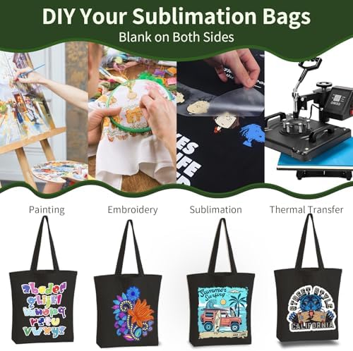 10 Pack Black Canvas Tote Bag with Zipper, OLSUNOR Reusable Grocery Bags with Long Handle, DIY Heat Transfer Sublimation Blanks Shopping Bags for Advertising, Birthday, Halloween, Christmas Craft Bags