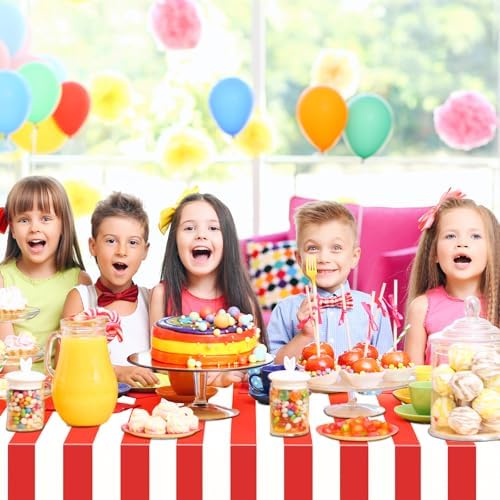 Carnival Theme Party Decorations Tablecloths, Circus Plastic Table Covers Rectangle Disposable Red and White Striped Tablecloth Supplies for Kids Birthday Movie Night Christmas, 87'' x 51'', 3pcs