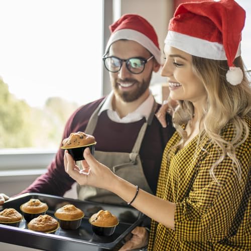 100 Pcs 8 oz Aluminum Foil Cup with Lids Disposable Ramekins with Lids Disposable Ramekin Baking Cups Foil Cupcake Containers for Wedding, Christmas, Kitchen, Party (Black, Gold, 8 oz)