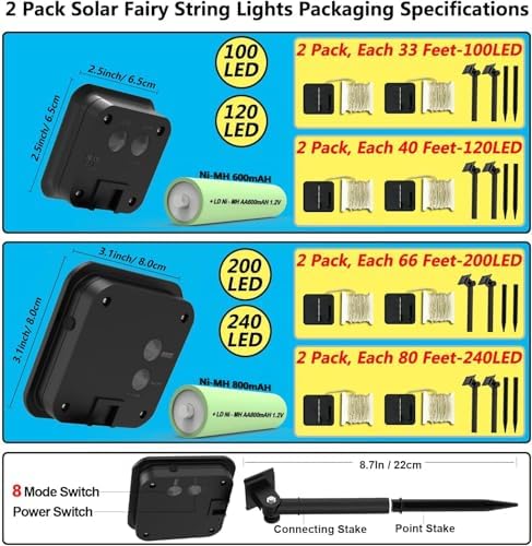 2 Pack Solar Powered Fairy String Lights Outdoor Waterproof 8 Modes Twinkle Christmas Decorations Lights, Each 33ft-100LED, 40ft-120LED, 66ft-200LED, 80ft-240LED, (Multicolor, 66)