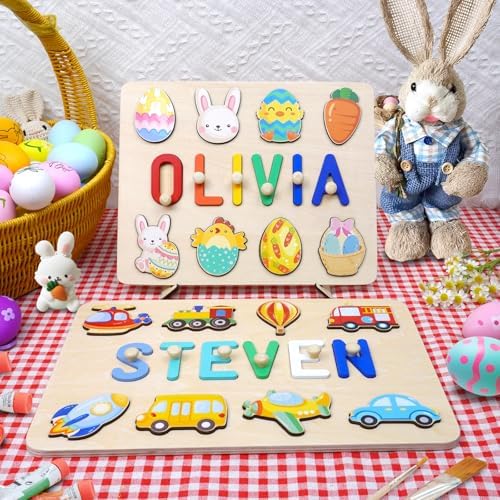 Personalized Name Puzzle for Kids, 1st Birthday Gifts for Girl Boy, Easter Basket Stuffers for Toddler, Custom Easter Christmas Baby Gifts, Toddler Learning Toys, Wooden Name Puzzles for Toddlers 1-3