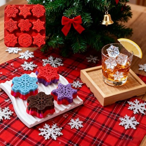 2 PCS Snowflake Silicone Mold, 9 Style Christmas Snowflake Chocolate Candy Molds Holiday Siliocne Baking Molds for Dessert Soap Candles Jello Ice Wax Melt, Xmas Party Baking Cake Decor Mold