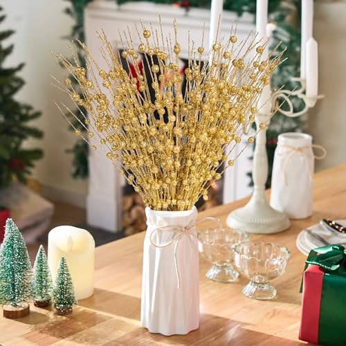 JOIEDOMI 12 Pcs Christmas Gold Glitter Berry Stems, 17'' Christmas Tree DIY Picks Branches, Gold Xmas Wreath Ornaments Glitter Twigs, Artificial Decorative Sticks for Party Home Wedding Holiday Decor