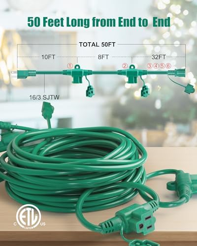 Outdoor Extension Cord Multiple Outlet, 50 Ft Christmas Light Extension Cord Evenly Spaced 6 Outlets Plugs with Safety Cover, 16/3 SJTW Green Extension Cord Outdoor Waterproof