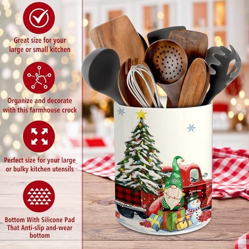pinata Christmas Kitchen Decor Ceramic Utensil Holder, Cute Christmas Gnome Truck Utensils Holder, Xmas Ceramic Utensils Crock for Rustic Farmhouse Indoor Kitchen Decorations(6.3 Inches)