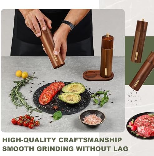 Wooden Salt and Pepper Grinder Set 8 Inch Manual Salt and Pepper Mill with Tray Adjustable Coarseness Refillable Wood Grinders with Gold Bottle Label for Kitchen Christmas Home Gift(Wood Color)