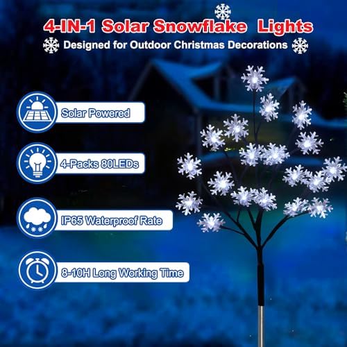4-Pack 80LEDs Solar Christmas Snowflake Stake Lights, 8 Modes Solar Snowflake Christmas Decorations Outdoor Lights, Waterproof Outdoor Xmas Decorations for Garden Yard Pathway Walkway