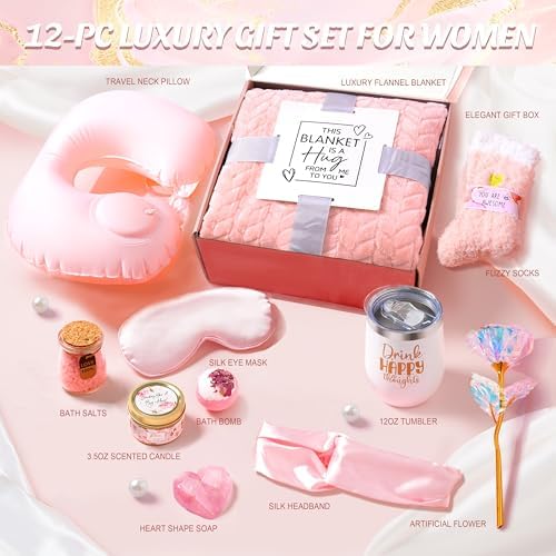 Birthday Gifts for Women Self Care Gifts Get Well Soon Gifts for Women,Relaxing Spa Gifts Basket w/Flannel Blanket Traveling Pillow Care Package christmas Birthday Gifts Idea for Mom Her Wife Friends