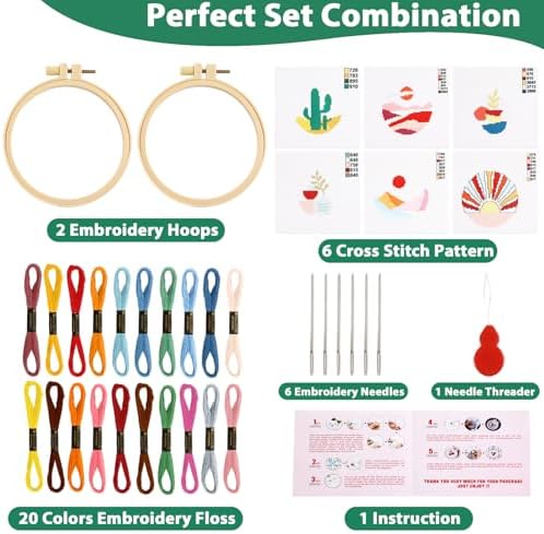 ZOIIWA 6PCS Cross Kits for Beginners DIY Embroidery Kit for Kids Adults Boho Cross Kits Christmas Birthday Gift Abstract Landscape Needlepoint Patterns with 2 Embroidery Hoops Craft Supplies
