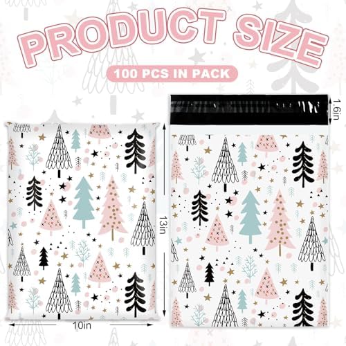 100Pcs Christmas Poly Mailer 10 x 13 Inch Pastel Xmas Tree Packaging Bags Self Seal Mailing Envelope Bags for Winter Small Business Clothing