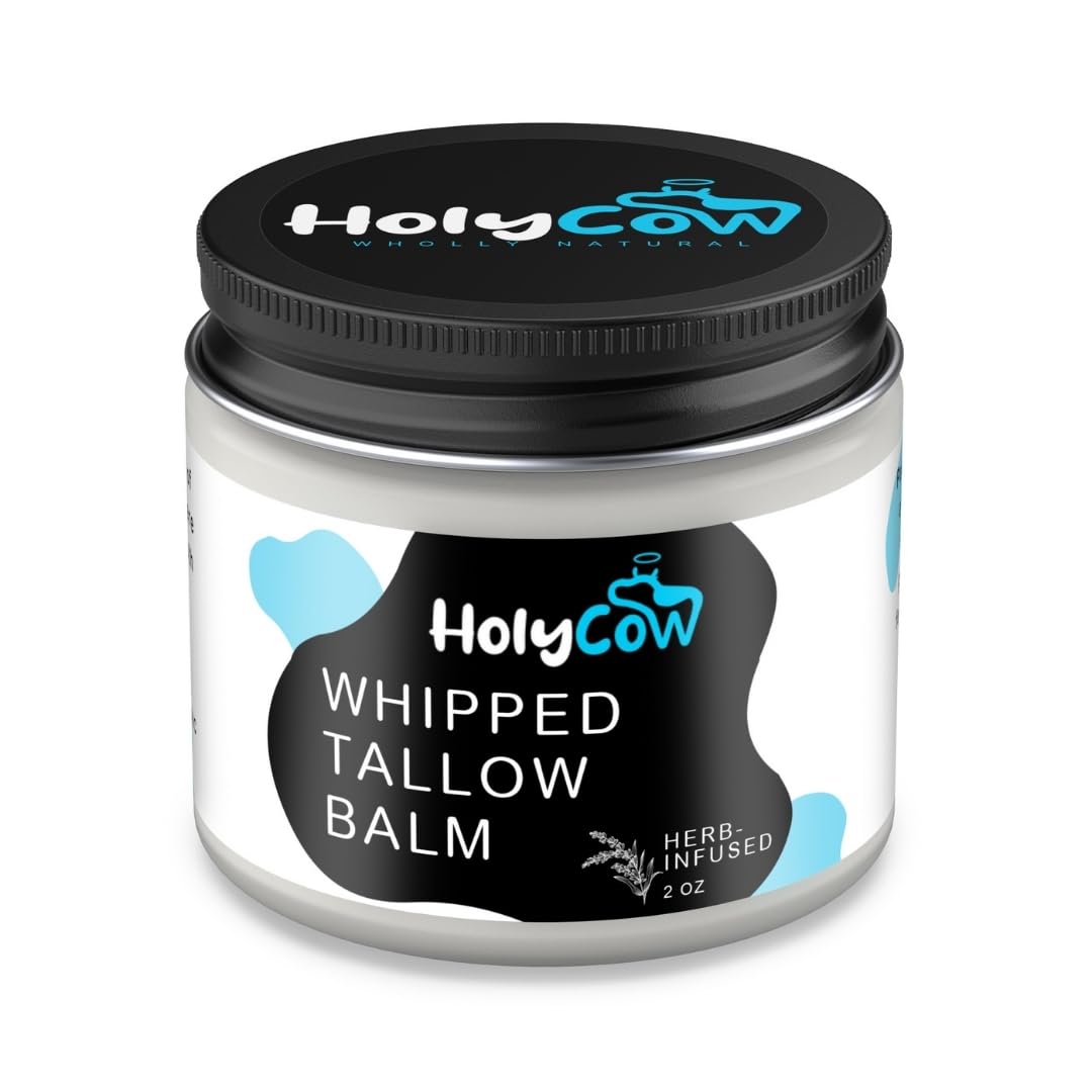 HolyCow 100% Grass Fed Beef Tallow For Skin - Whipped Tallow Balm with Organic Jojoba Oil (Unscented/Herb-Infused), Grass Fed Beef Tallow Face Moisturizer for Eczema, Baby, Lip Balm